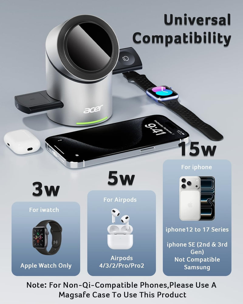 Acer Prime 3 in 1 Charging Station for Apple - Magnetic iPhone Wireless Charging Station, Magsafe Charger Stand for iPhone 17 16 15 14 13 12 - Apple Watch - Airpods Series (Charger & USB-C Included)