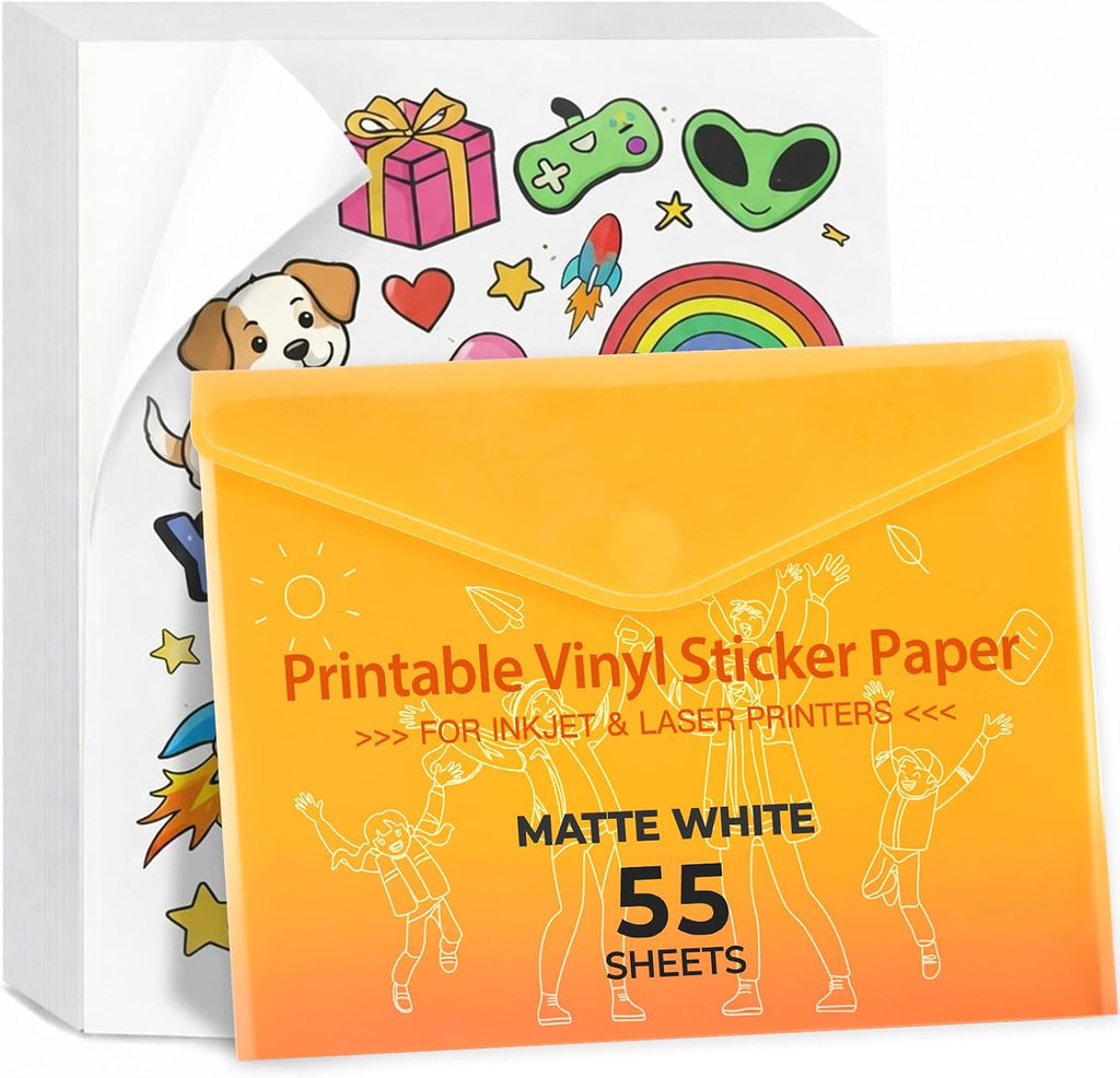 JANDJPACKAGING Printable Vinyl Sticker Paper, Matte White, 55 Sheets