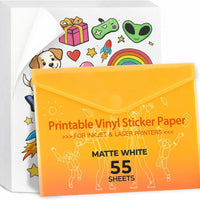 JANDJPACKAGING Printable Vinyl Sticker Paper, Matte White, 55 Sheets