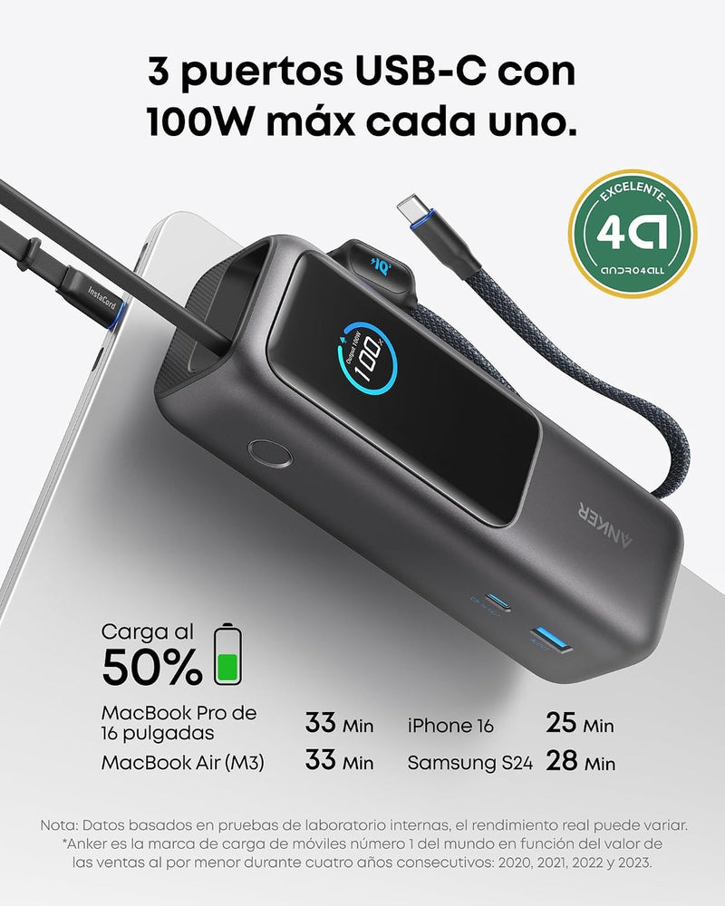 Anker Laptop Power Bank,25,000mAh Portable Charger with 165W Total Output,3 USB-C Ports (100W Max Each),Built-in Retractable Cables,Flight-Ready,for iPhone 17/16 Series,MacBook,Samsung,and More