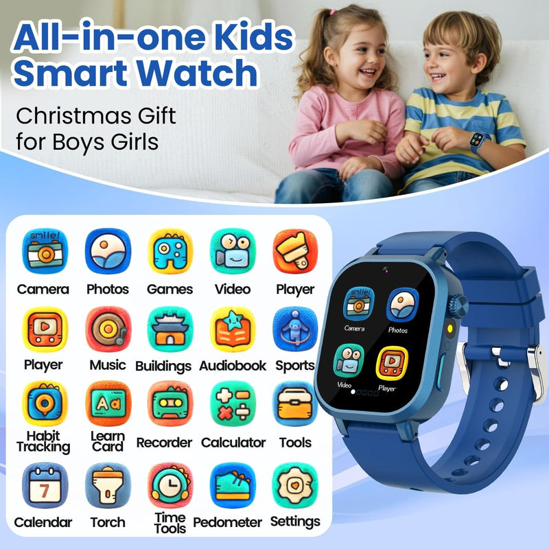 Melontti Waterproof Smart Watch for Kids Boys Ages 5-12 with 39 Games, HD Camera, Video, Music, Habit Tracking, Alarm, Pedometer, Kids Smart Watch Chrismars Birthday Gift for Boys Age 5 6 7 8(Blue)