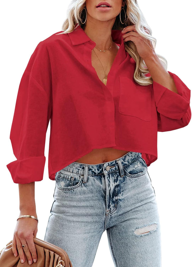 Tankaneo Womens Button Down Cropped Shirts Long Sleeve Crop Tops Blouses