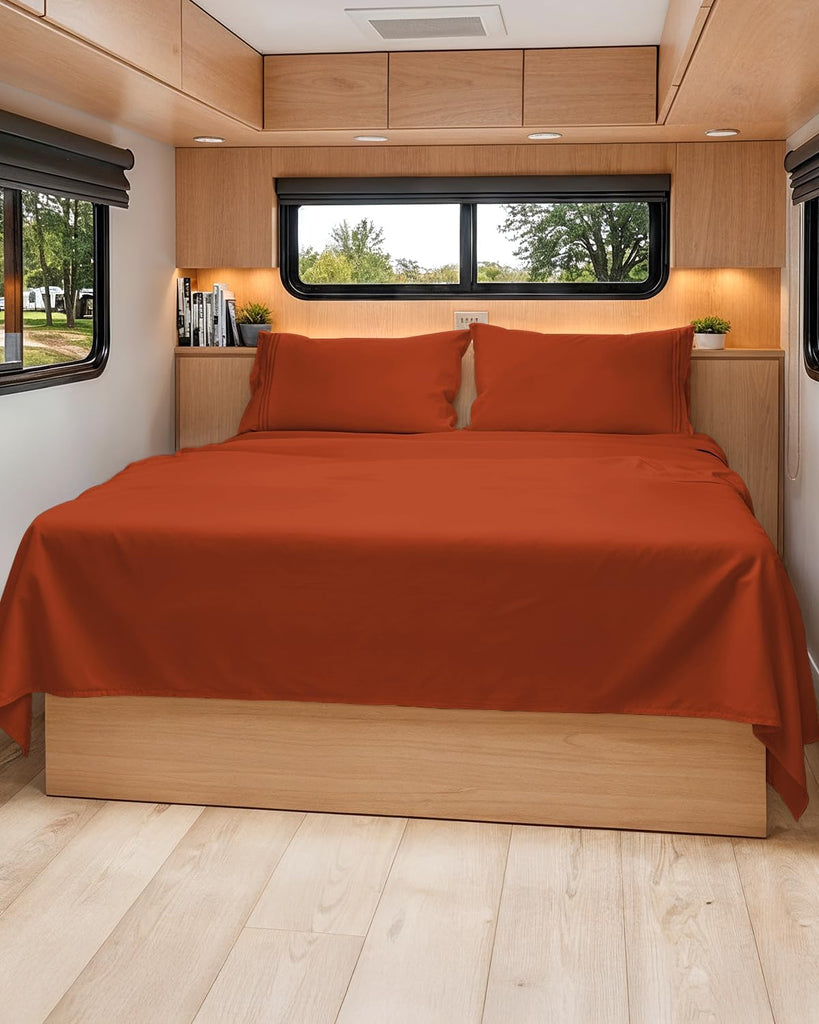 Short Queen Size 4 Piece Bed Sheet Set - RV Short Queen Sheets - Terracotta