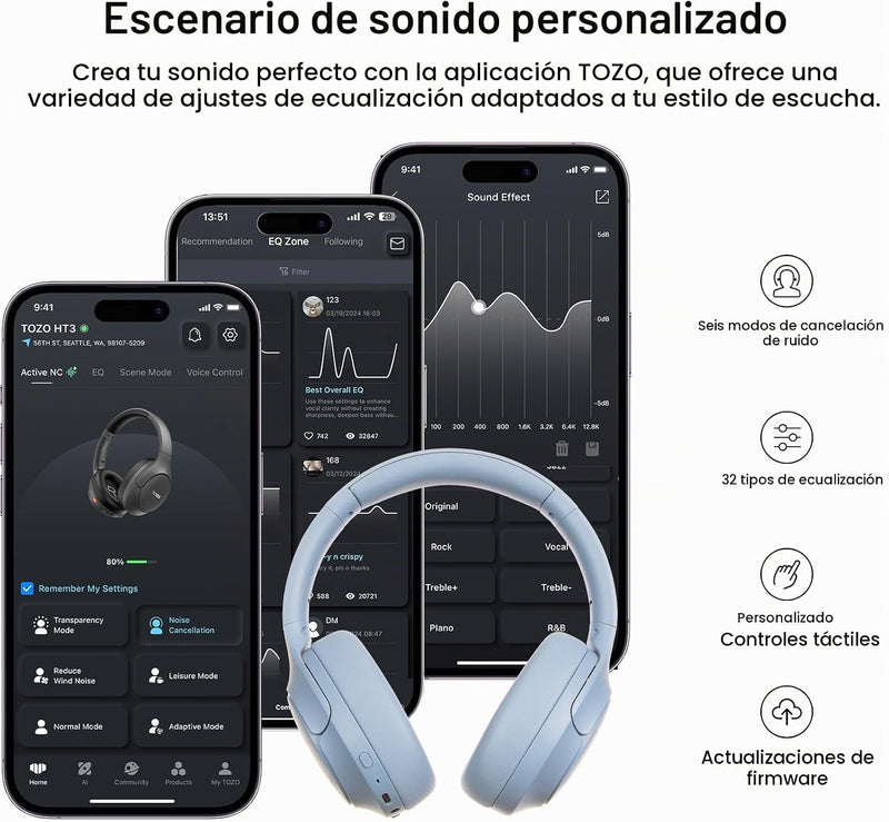 TOZO HT3 Hybrid Noise Cancelling Wireless Headphones, 90H Over Ear Headset