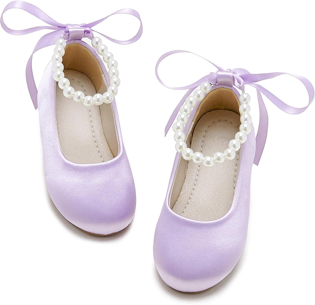 PHIRAMIN Toddler Flower Girl Satin Purple Dress Shoes - Little Girl Ballet Flats Size 11 Pearl Wedding Party