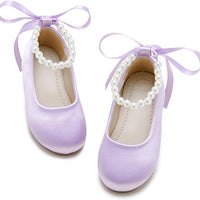 PHIRAMIN Toddler Flower Girl Satin Purple Dress Shoes - Little Girl Ballet Flats Size 11 Pearl Wedding Party
