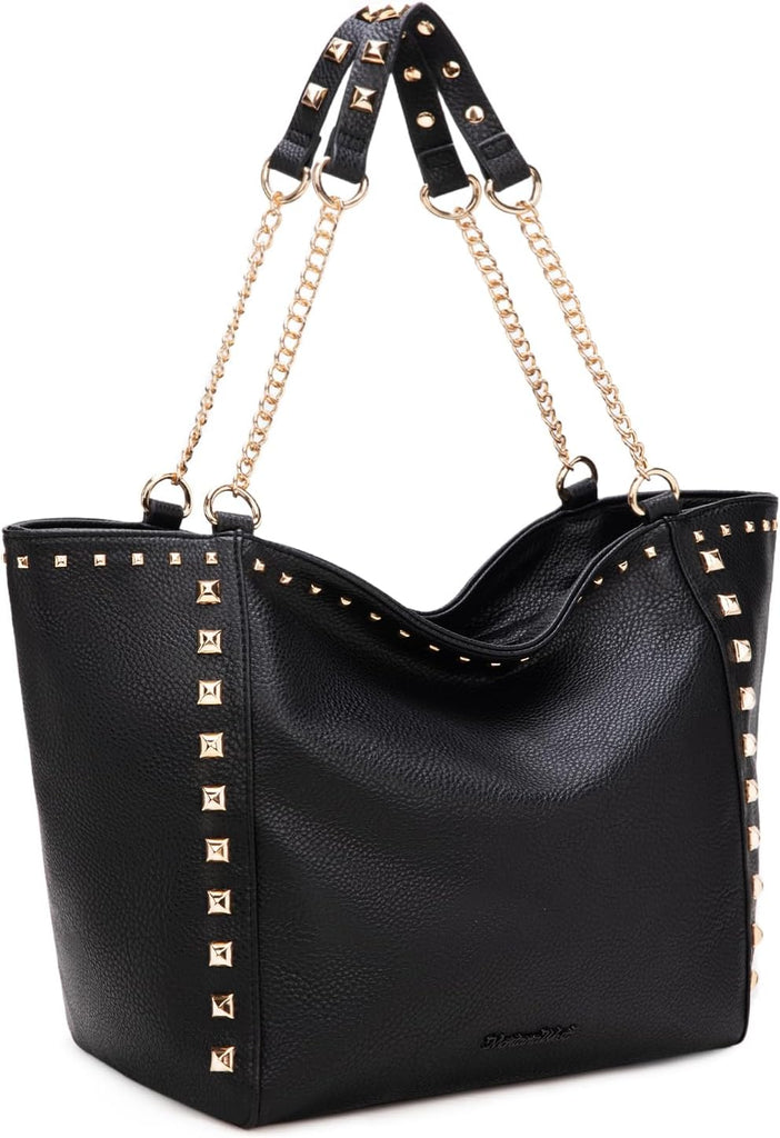 Montana West Oversized Tote Bag for Women Large Capacity Travel Purse Hobo Bag with Chain Handle and Rivets Decoration Black MWC-HB-2751-BK