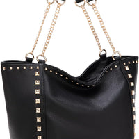 Montana West Oversized Tote Bag for Women Large Capacity Travel Purse Hobo Bag with Chain Handle and Rivets Decoration Black MWC-HB-2751-BK