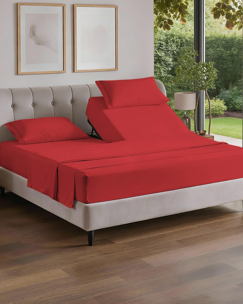 Flex Top Split Head King 4 Piece Sheet Set - Ultra-Soft, Breathable - Red