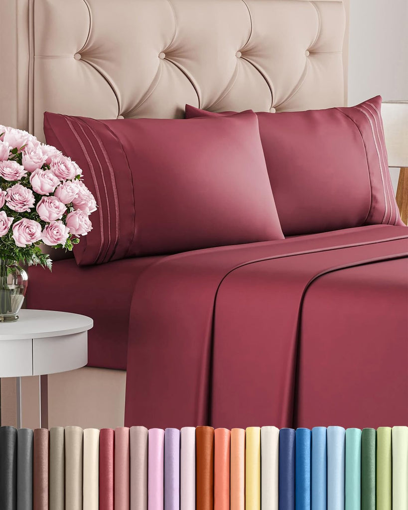 King Size 4 Piece Sheet Set - Comfy Breathable & Cooling Sheets - Burgundy