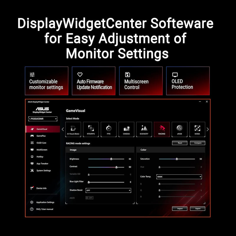 ASUS ROG Swift 32” 4K OLED Gaming Monitor (PG32UCDMR) ― 4K (3840 x 2160), QD-OLED, 240Hz, 0.03ms, G-SYNC Compatible, 99% DCI-P3, USB-C 90W, DisplayWidget, DisplayPort 2.1, 3 yr Warranty