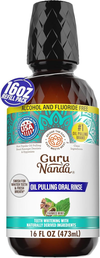 GuruNanda Extracto de aceite de coco, enjuague bucal blanqueador y aliento fresco, 7 aceites esenciales y vitaminas para dientes y encías felices, sin alcohol, 16 onzas