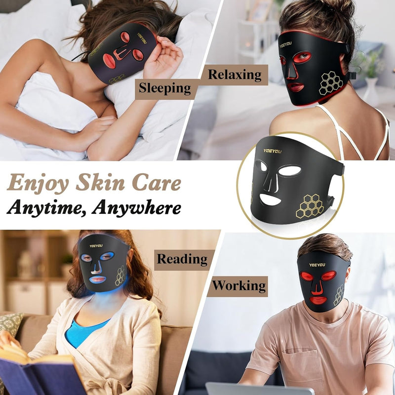 Visita la tienda de YOEYOU Terapia de luz roja para cara, máscara facial LED infrarroja, terapia de luz, 4 ondas de luz con 850 nm de infrarrojo cercano, máscara de terapia de luz roja recargable port