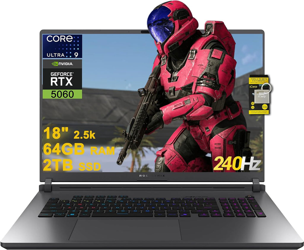ASUS ROG Strix G18 G815 Gaming AI PC Laptop 18" 2.5k (2560x1600) 240Hz (100% DCI-P3, 3ms) Intel 24-core Ultra 9 275HX 64GB RAM 2TB SSD GeForce RTX 5060 RGB Backlit Wi-Fi7 Win11 ICP Hub/