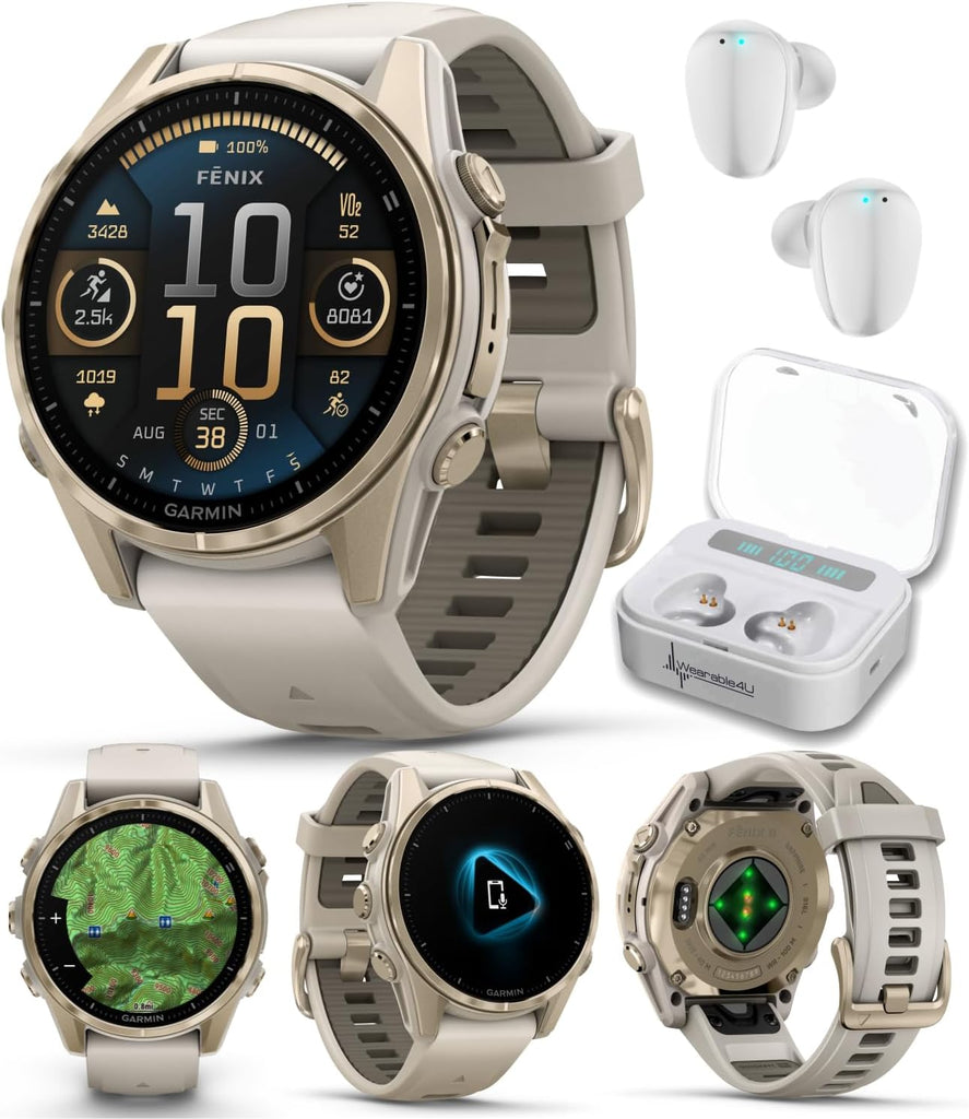 Wearable4U Garmin Fenix 8 – 43 mm Sapphire, AMOLED Multisport GPS Smartwatch, Soft Gold with Fog Gray/Dark Sandstone Silicone Band, Built-in LED Flashlight White Earbuds Bundle