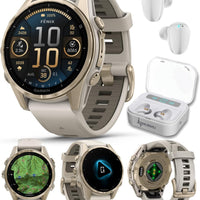 Wearable4U Garmin Fenix 8 – 43 mm Sapphire, AMOLED Multisport GPS Smartwatch, Soft Gold with Fog Gray/Dark Sandstone Silicone Band, Built-in LED Flashlight White Earbuds Bundle
