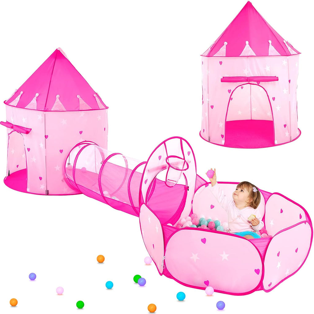 PigPigPen 3pc Kids Play Tent for Girls with Ball Pit, Crawl Tunnel, Princess Tents for Toddlers, Baby Space World Playho