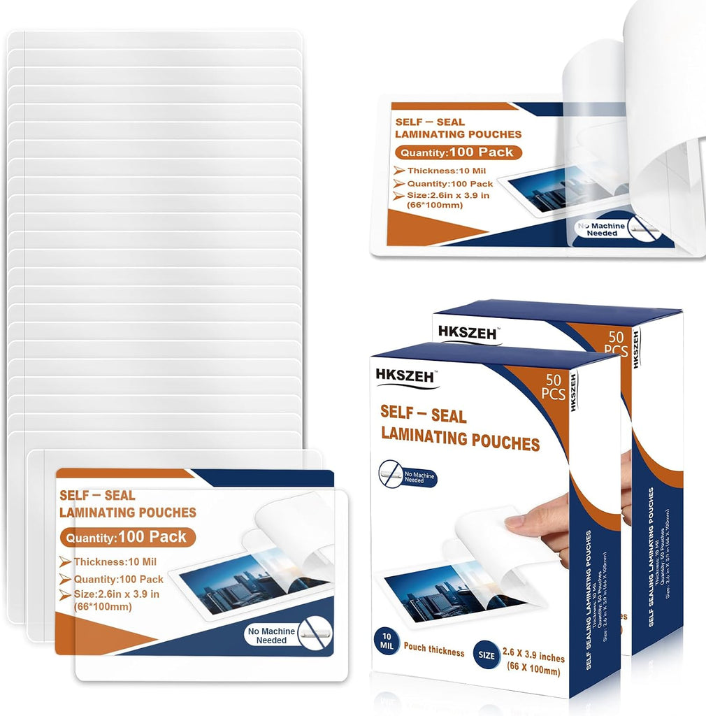 100 Pack 10 Mil Business Card Size Self Sealing Laminating Pouches 2“×3.5” Plastic Laminating Sheets 2.6"x3.9" Clear Lam