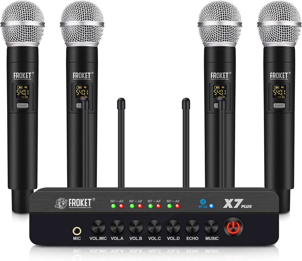 UHF Wireless Microphone System, 4-Channel Karaoke Mic with Bluetooth & DSP