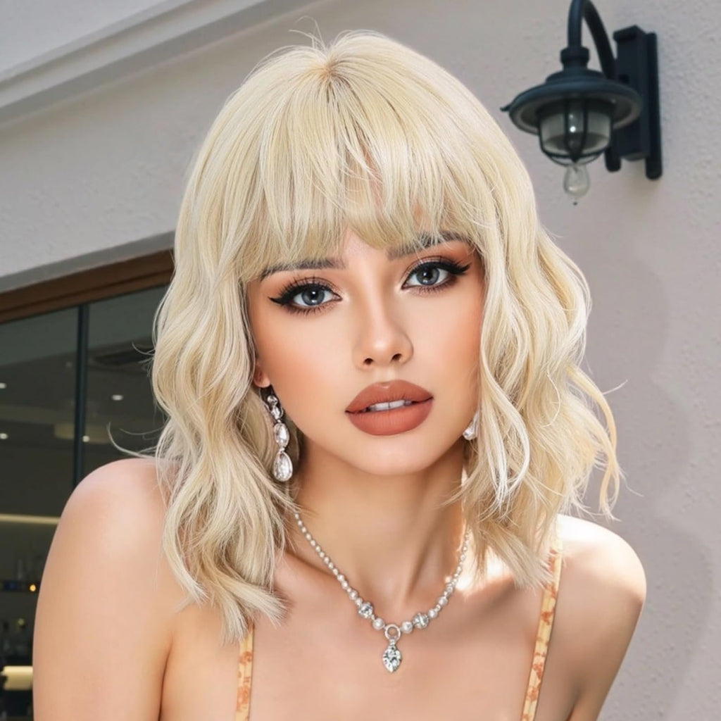 PHOENIXFLY Blonde Short Wavy Bob Synthetic Wig with Bangs for Women