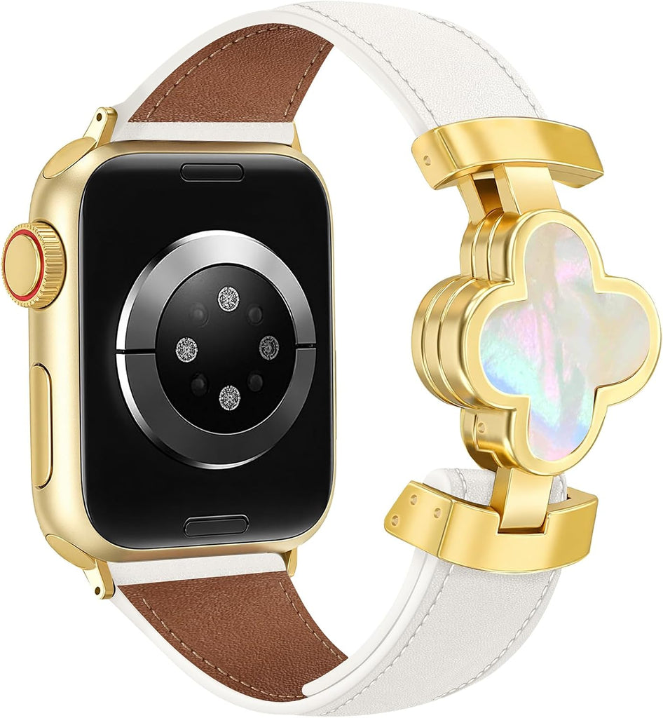 MOINSPIRE Designer Slim Leather Bands Compatible with Apple Watch 42mm(S123)44mm 45mm 46mm 49mm for Women, Four-Leaf Clo