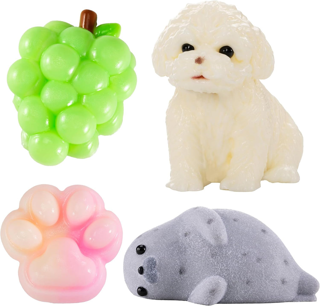 QCROAD SQUISHY taba Silicone Squishy Animal,Handmade taba Cute Squishy-Puppy, Seal, Cat Paw & Grape（4pcs）