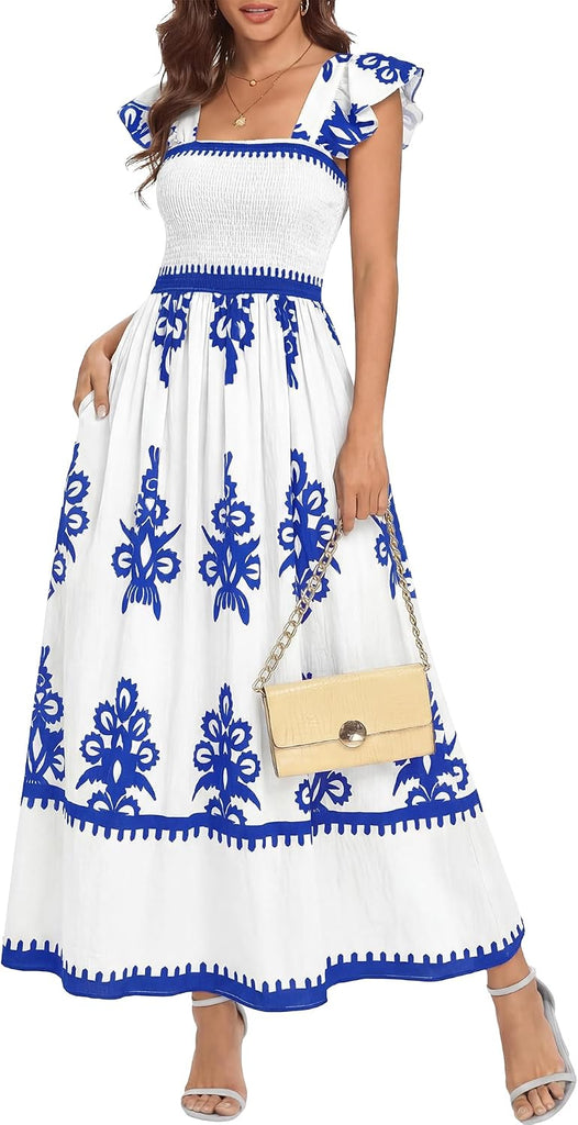 BTFBM Summer Dresses for Women 2026 Casual Floral Boho Sleeveless Square Neck A Line Flowy Beach Maxi Sundress Pockets(W