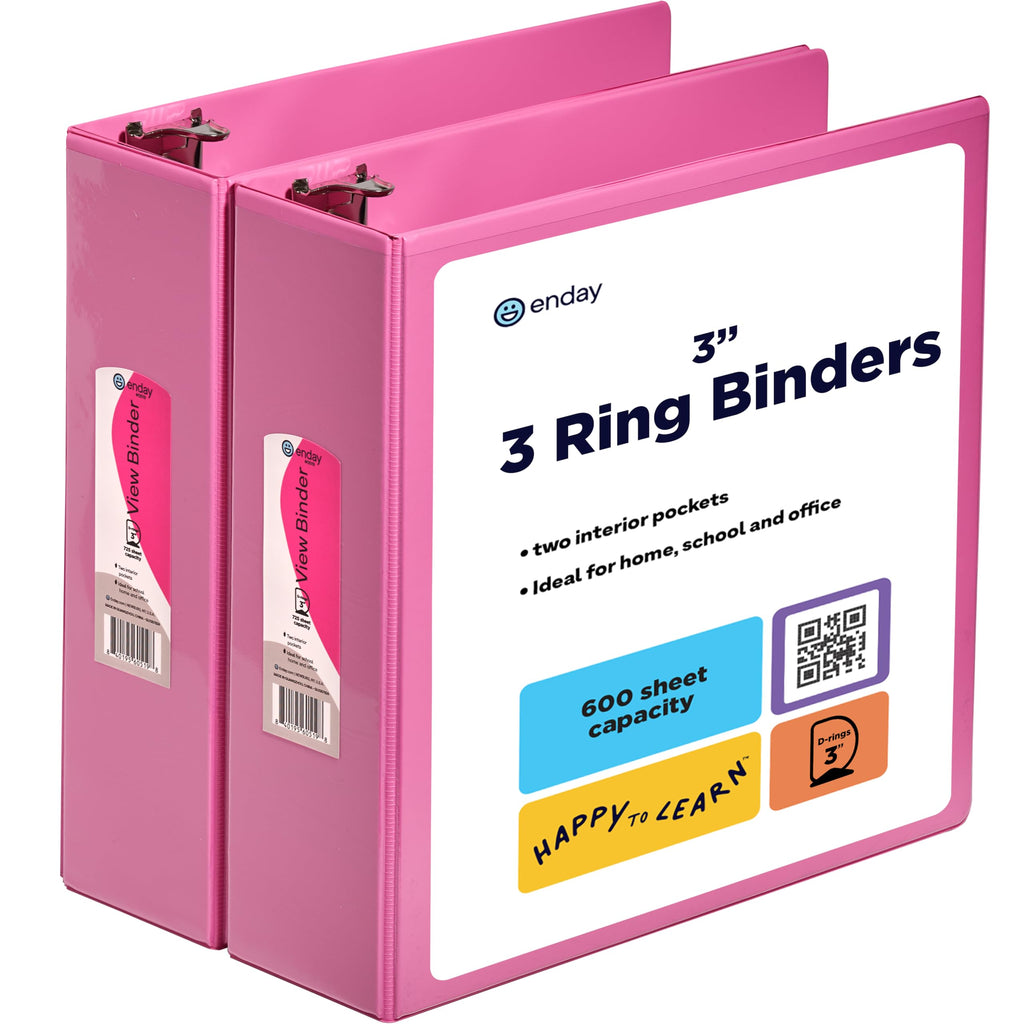 3 Inch Binder (2 Pack) Pink 3 Ring Binder 3 inch, Clear View Cover with 2 Inside Pockets, Three Ring Binders for Home, O