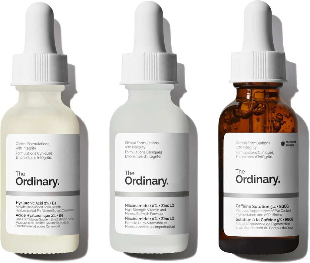 El conjunto de sueros favoritos de The Ordinary – Ácido hialurónico 2% + B5, niacinamida 10% + zinc 1%, solución de cafeína 5% – Sueros para ojos y cara para hidratar, iluminar y minimizar los poros