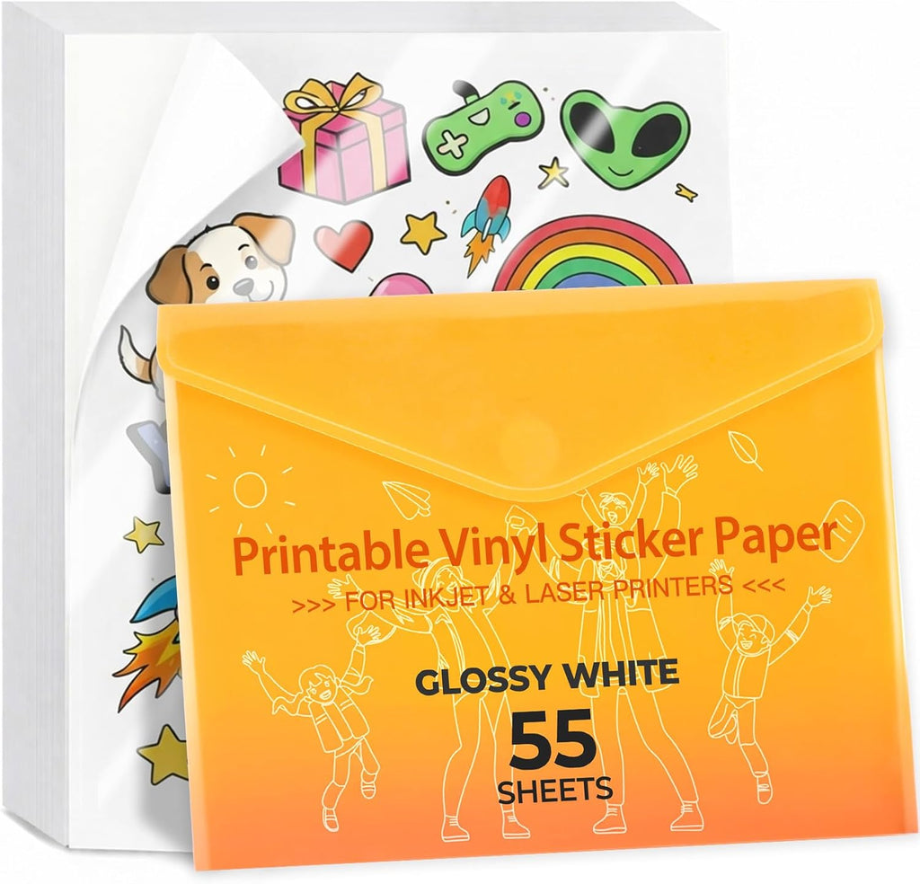 JANDJPACKAGING Printable Vinyl Sticker Paper, 55 Sheets, Glossy White