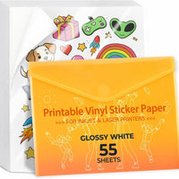 JANDJPACKAGING Printable Vinyl Sticker Paper, 55 Sheets, Glossy White