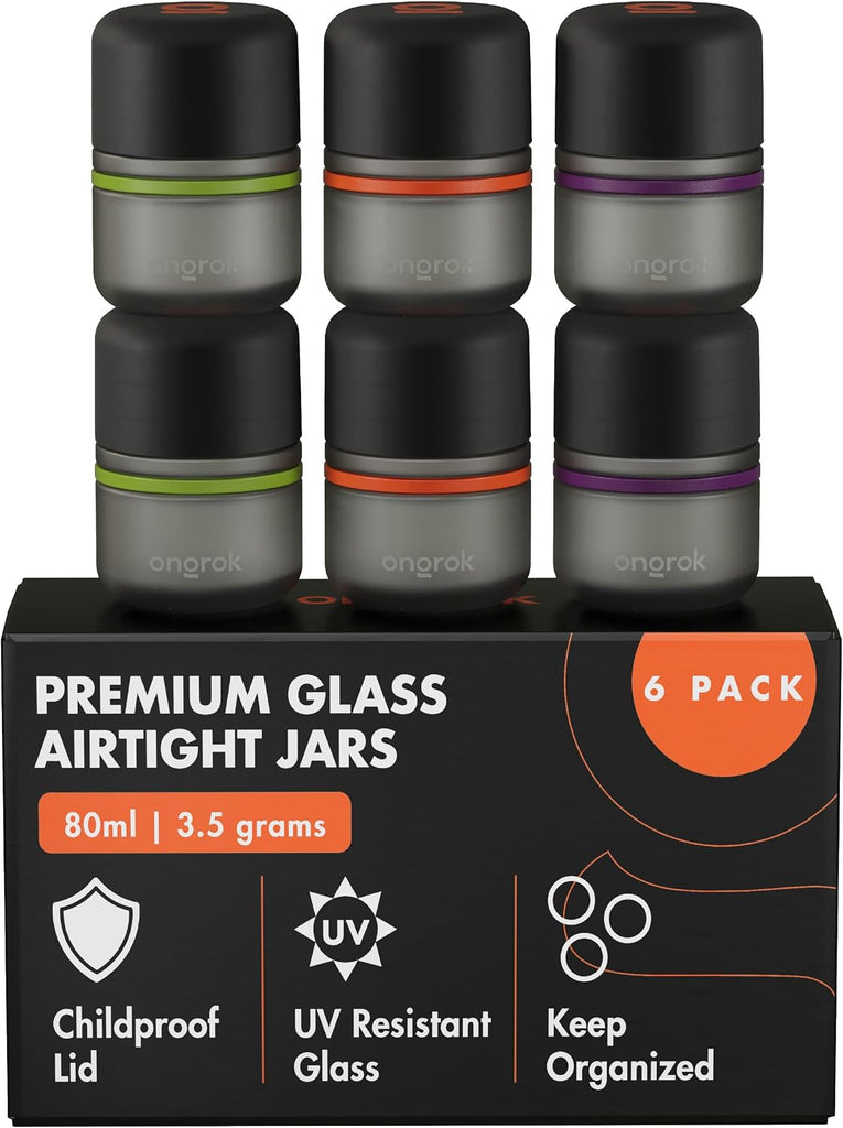 ONGROK Glass Storage Jar, 80ml, 6 Pack | UV Herb/Spice Jar with Child‑Resistant Lid, Color‑Coded Glass Containers to Pre