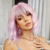 PHOENIXFLY Pink Mixed Blue Short Wavy Synthetic Wig with Bangs for Women