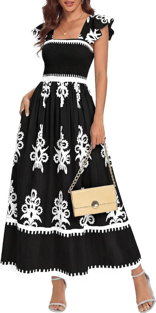 BTFBM Summer Dresses for Women 2026 Casual Floral Boho Sleeveless Square Neck A Line Flowy Beach Maxi Sundress Pockets(B
