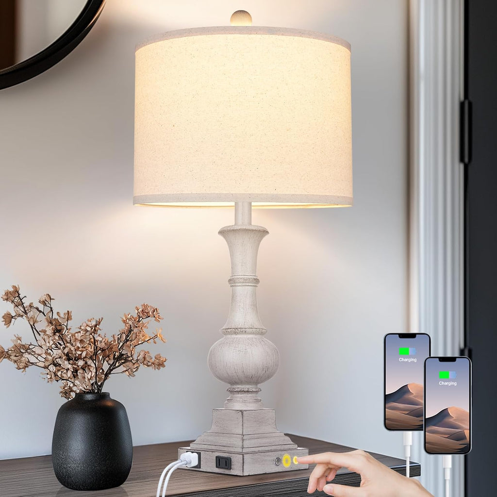 26" Farmhouse Lamp with 2 USB Ports & AC Outlet, Vintage Rustic Touch Control Bedside Lamp, Resin 3-Way Dimmable Nightst