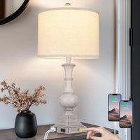 26" Farmhouse Lamp with 2 USB Ports & AC Outlet, Vintage Rustic Touch Control Bedside Lamp, Resin 3-Way Dimmable Nightst