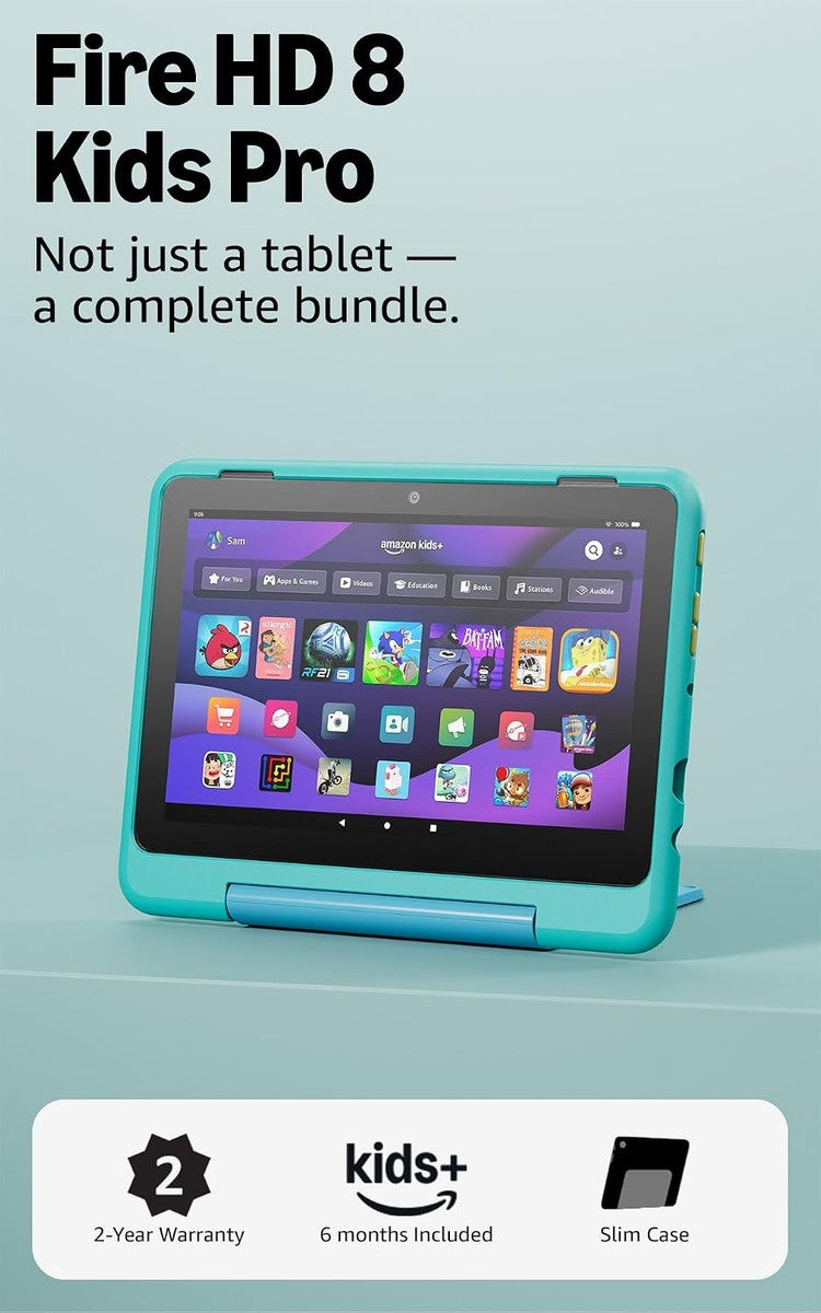 Fire Tablets Amazon Fire HD 8 Kids Pro tablet, ages 6-12. Bright 8" HD screen, includes ad-free content, parental controls, 13-hr battery, slim case for older kids, 64GB, Hello Teal, (2024 release)