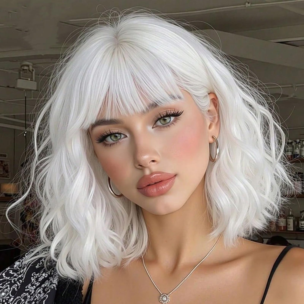 PHOENIXFLY White Short Wavy Bob Synthetic Wig with Bangs for Women