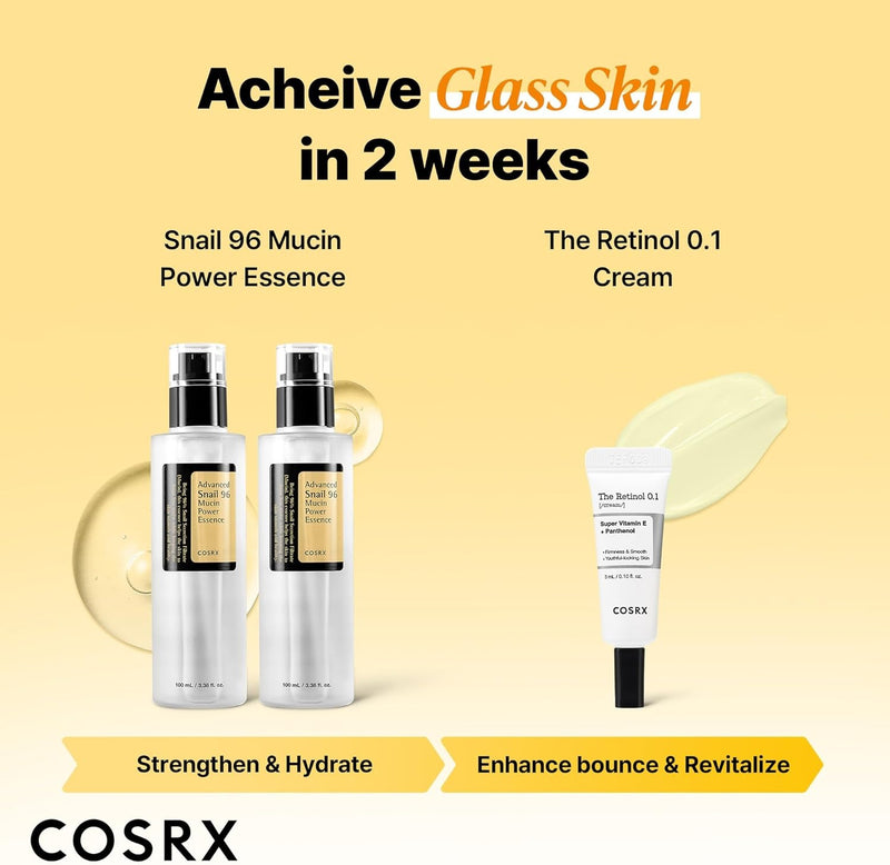 COSRX Snail 96% Mucin Power Essence 2ea y Retinol 0.1% Cream Mini Sample 1ea, juego de inicio de piel de vidrio, exclusivo de Amazon, kit de cuidado de la piel coreano hidratante y reafirmante diario,