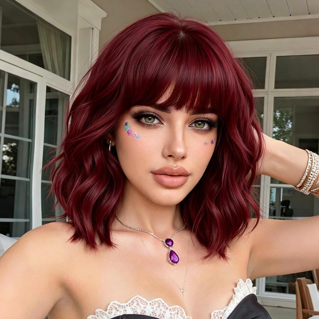 PHOENIXFLY Burgundy Short Wavy Bob Synthetic Wig with Bangs for Women