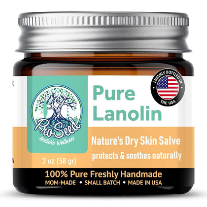 ProSeed Handmade Pure Lanolin Balm for Moms, Babies & Skin, 2oz, Glass Jar
