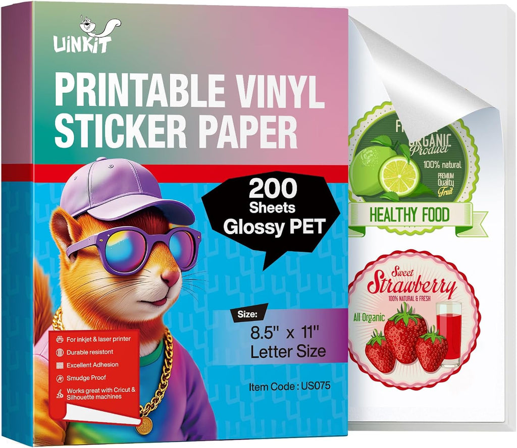 Uinkit Glossy Printable Vinyl Sticker Paper Letter Size 8.5x11" 200 Sheets