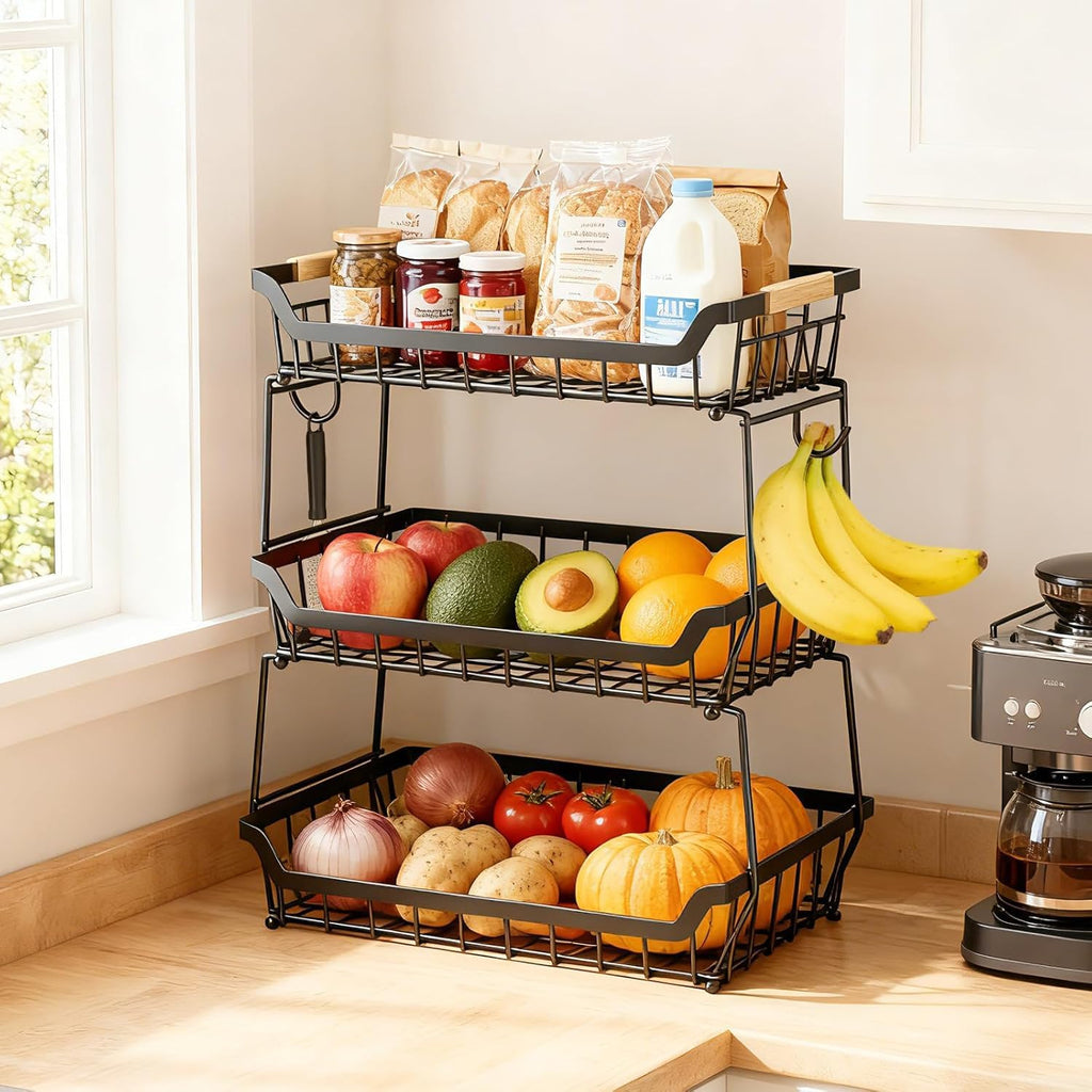 VANZBON 3 Tier Fruit Basket with 2 Banana Hangers for Kitchen Counter