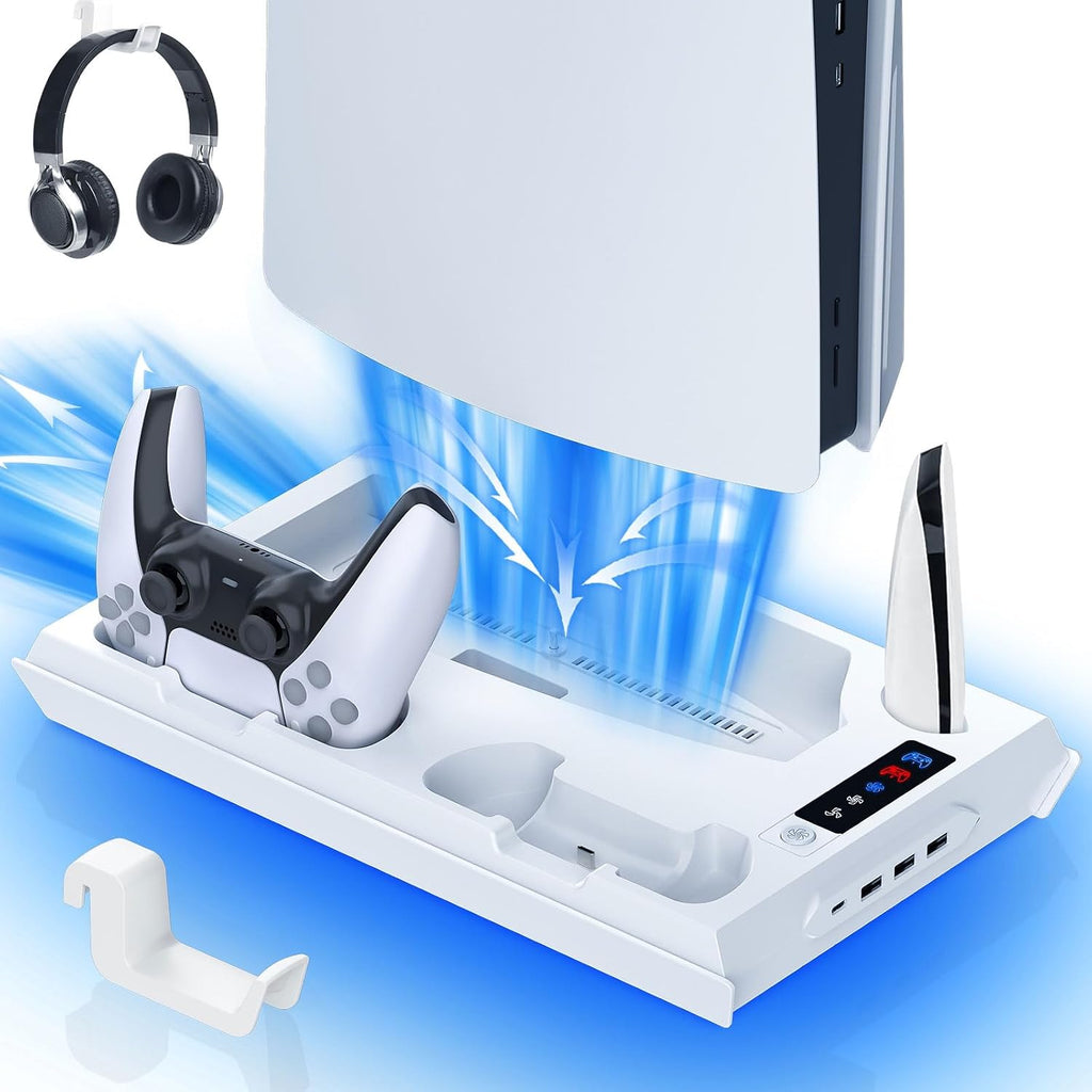 fivtek PS5 Stand with Cooling Fan & Controller Charger, All-in-One Docking Station for PS5 & PS5-Slim, 4-Port USB Hub, H