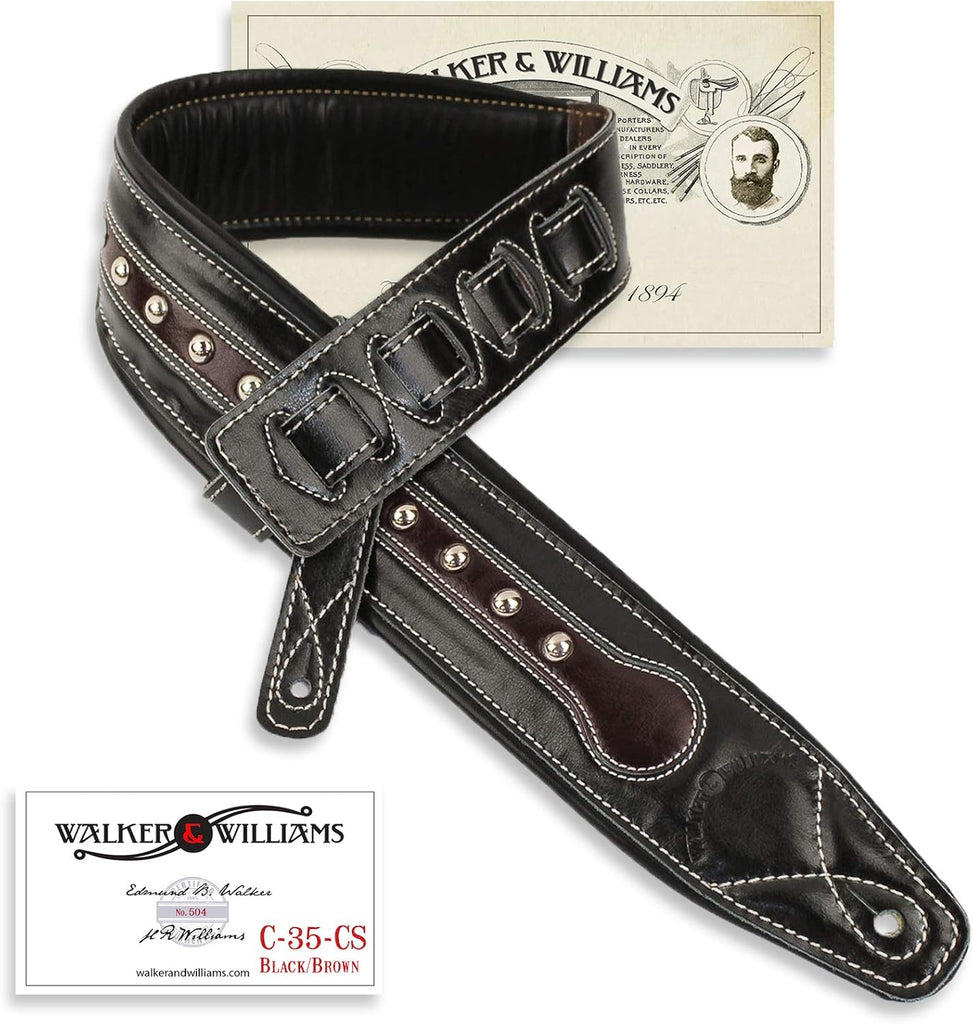 Walker & Williams C-35-CS Handmade Black and Brown All Top Grain Leather Padded Guitar Strap with Metal Studs For Acoust