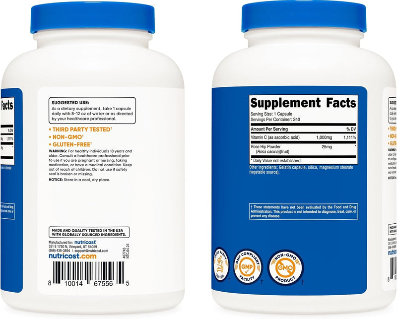 Nutricost Vitamina C con escaramujos, 1025 mg, 240 cápsulas, vitamina C 1,000 mg, rosa cadera, 25 mg, premium, sin OMG, suplemento sin gluten