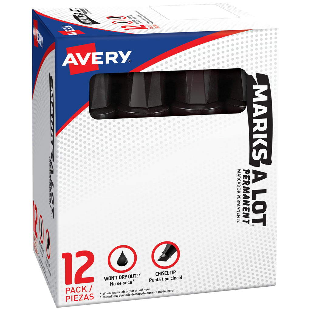 Avery® Marks A Lot® Permanent Markers, Jumbo Desk-Style Size, Chisel Tip, 12 Black Markers (24148)