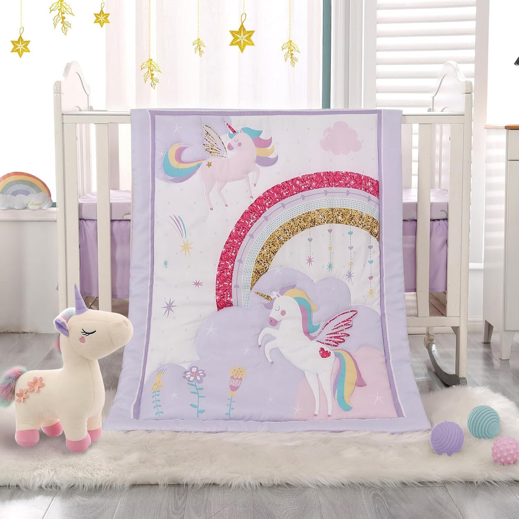 Wowelife Mini Girl Crib Bedding Set, 3 Piece Unicorn Mini Crib Comforter Set, Baby Girl Nursery Bedding Set Include Brea