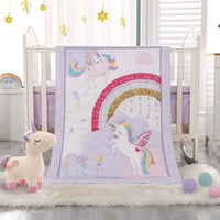 Wowelife Mini Girl Crib Bedding Set, 3 Piece Unicorn Mini Crib Comforter Set, Baby Girl Nursery Bedding Set Include Brea