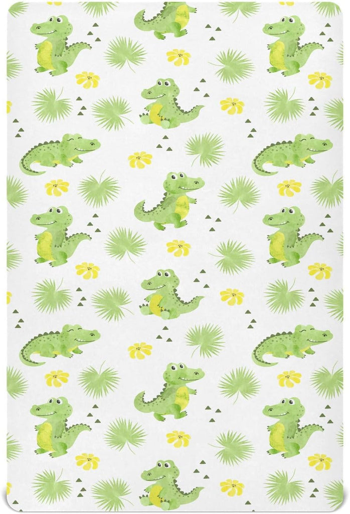 Crib Sheets for Boys Girl Crocodiles Alligators Palm Leaves Breathable Mini Crib Mattress Sheets Fitted,Toddler Baby She